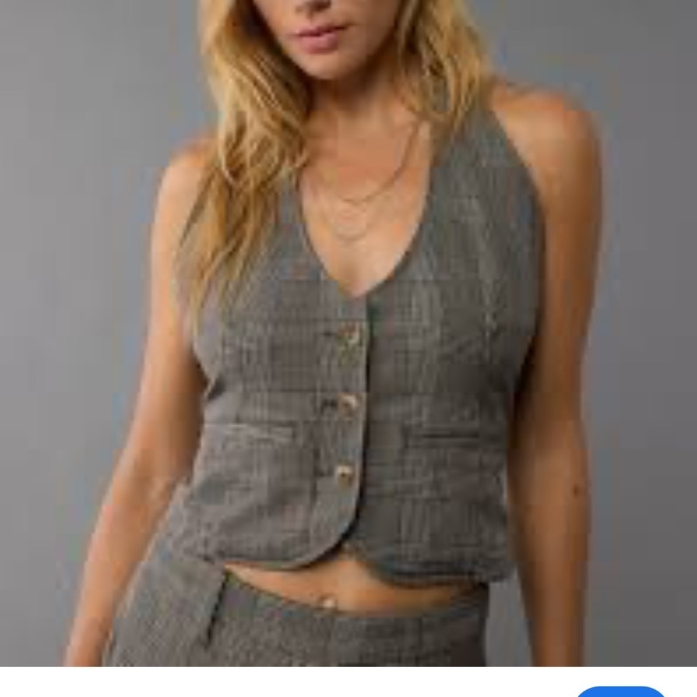 American Eagle Outfitters Gray Plaid Vest with Subtle Tan Windowpane